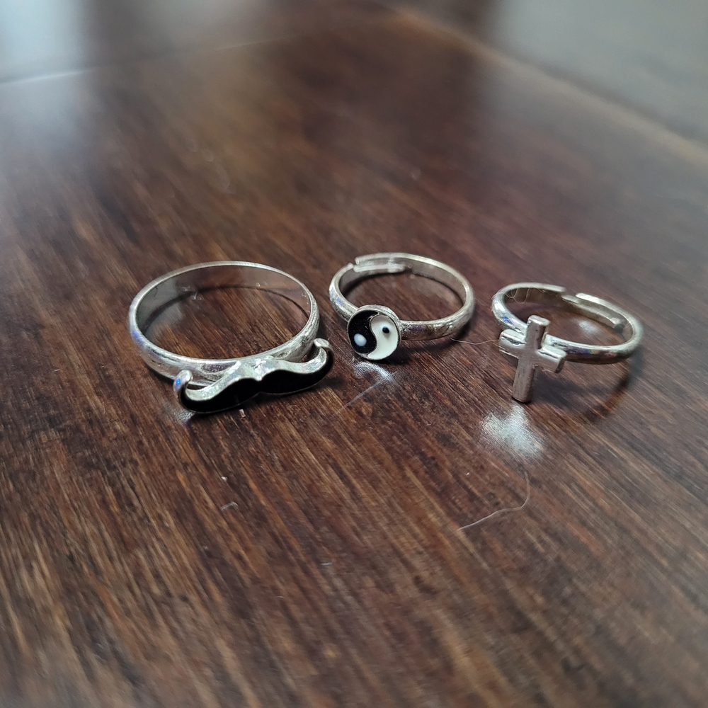 Silver Ring Set with Mustache, Yin Yang, and Cross